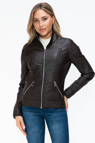 MI Faux Layered Double-Zipper Jacket with Fuzzy Hood