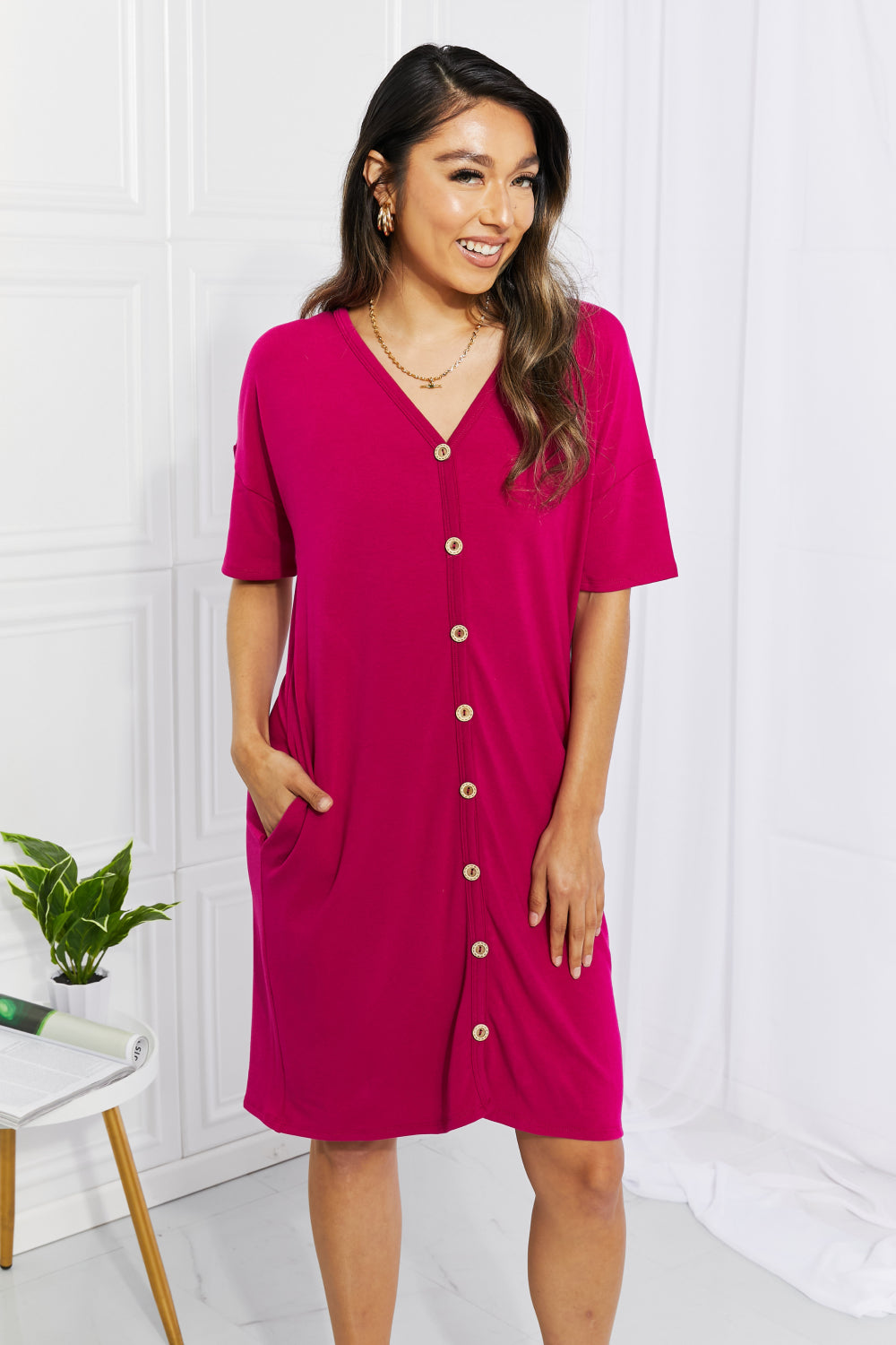 Button Down Knee-Length Dress in Magenta