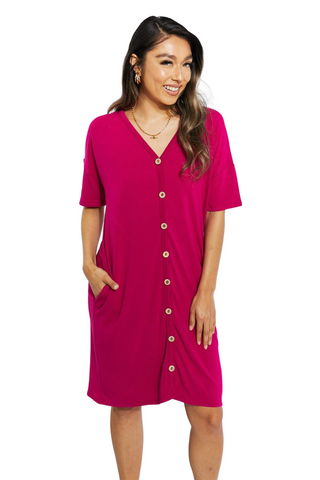 Button Down Knee-Length Dress in Magenta