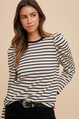 Striped Round Neck Puff Sleeve French Terry Top