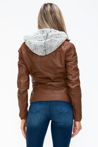 PMI Faux Layered Double-Zipper Jacket with Fuzzy Hood