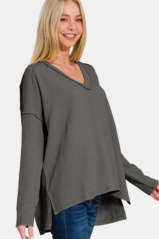 Banana Texture Exposed Seam V-Neck Long Sleeve T-Shirt