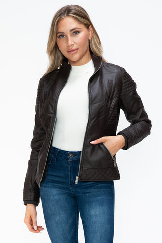 MI Faux Layered Double-Zipper Jacket with Fuzzy Hood