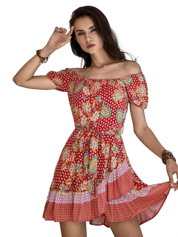 Printed Short Sleeve Tie Waist Mini Dress