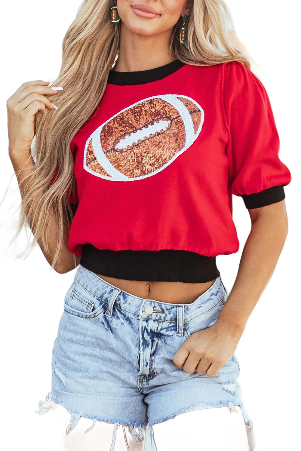 Sequin Football Round Neck Short Sleeve Top