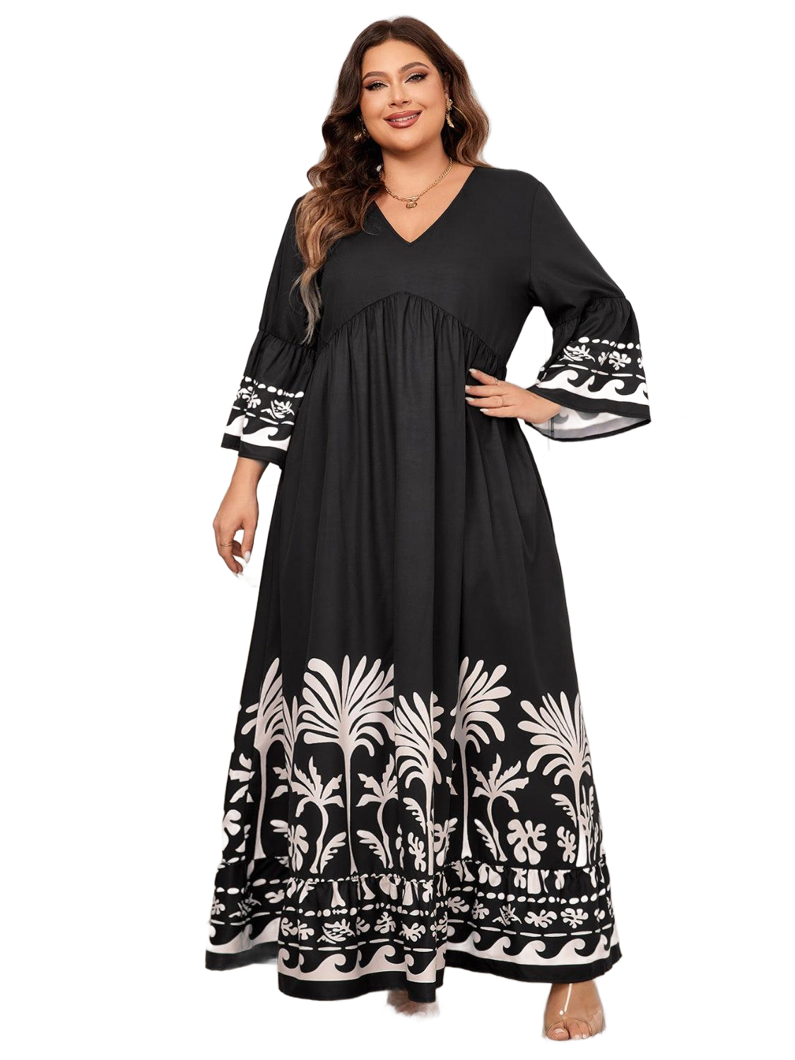 Plus Size Printed V-Neck Long Sleeve Maxi Dress