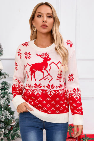 Deer Pattern Round Neck Long Sleeve Sweater