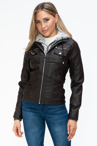 PMI Removable Faux Layered Multi-Pocket Jacket with Fuzzy Hood