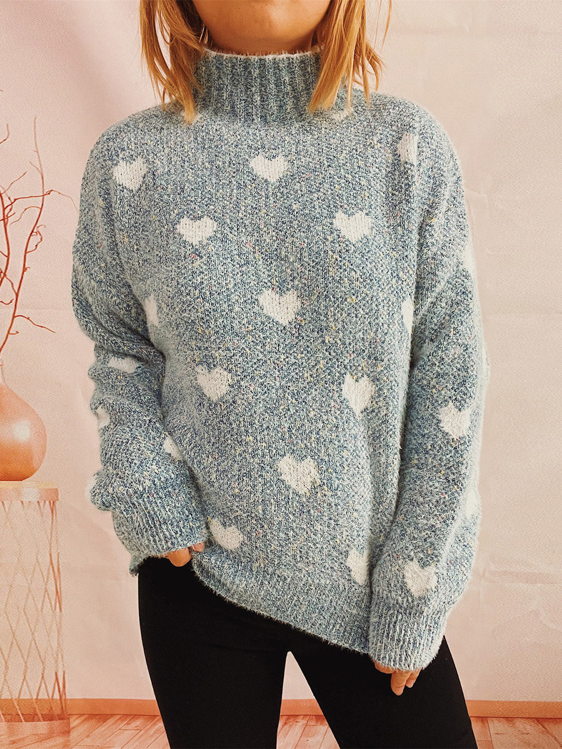 Heart Feathered Turtleneck Drop Shoulder Sweater