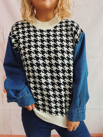 Hounds tooth Denim Sleeve Sweater