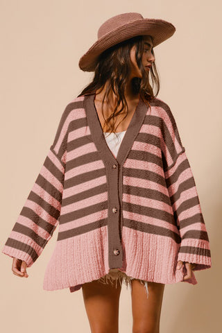 Bib Slit Striped V-Neck Button Up Cardigan