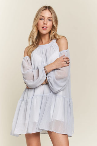 A Cold Shoulder Balloon Sleeve Mini Dress