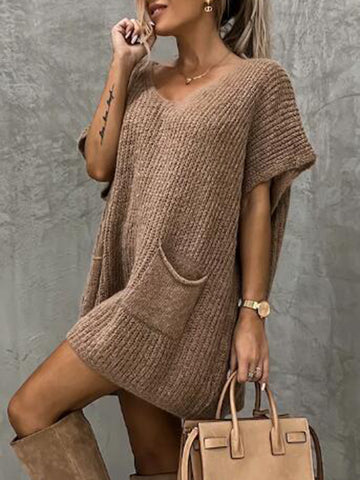 V-Neck Short Sleeve Sweater with Pockets