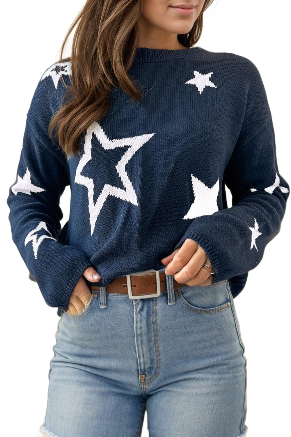 Star Round Neck Long Sleeve Sweater