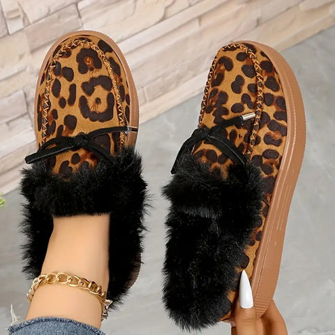 Bow Furry Round Toe Flat Slip-ons