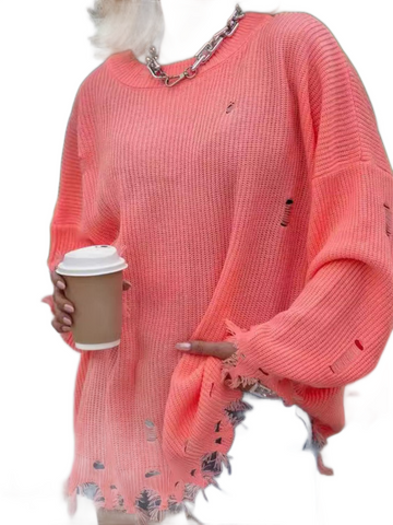 Distressed Round Neck Long Sleeve Sweater