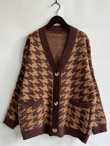 Hounds tooth Bottom Front  Cardigan with Pockets