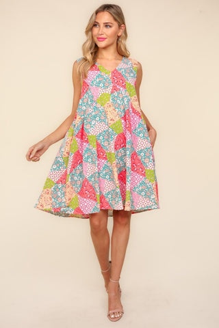 Full Size Baby doll Floral Patchwork Dress with Side Pockets