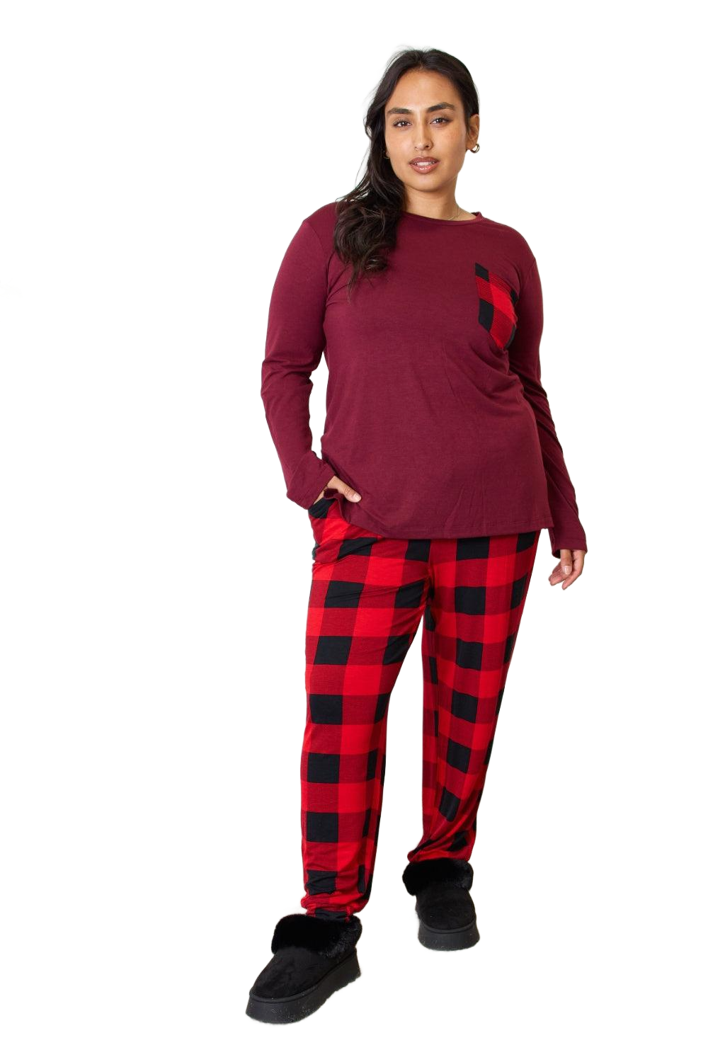 Full Size Plaid Round Neck Top and Pants Pajama Set