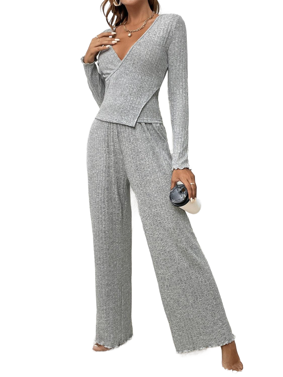 Surplice Long Sleeve Top and Pants Set