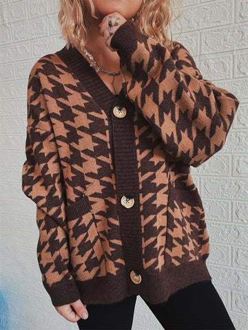 Hounds tooth Bottom Front  Cardigan with Pockets