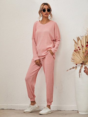 Full Size Round Neck Dropped Shoulder Top and Joggers Lounge Set