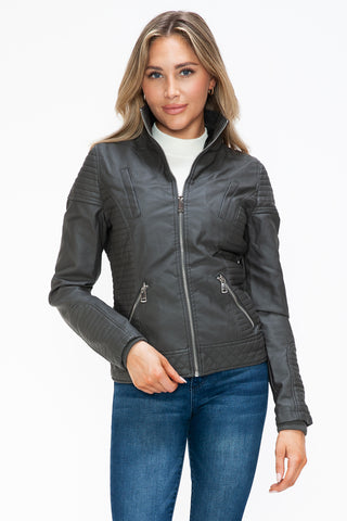 PMI Faux Layered Double-Zipper Jacket with Fuzzy Hood