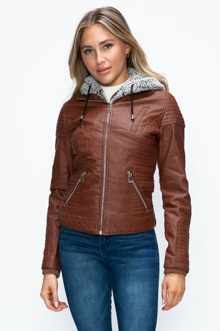 MI Faux Layered Double-Zipper Jacket with Fuzzy Hood