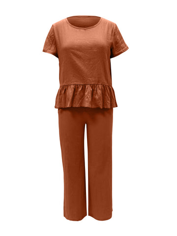 Peplus Round Neck Short Sleeve Top and Pants Set