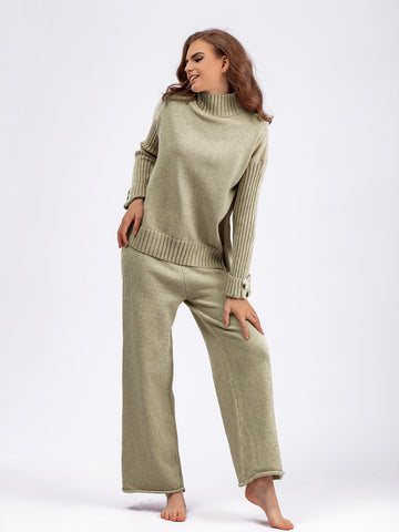 Basic Be High-Low Turtleneck Long Sleeve Top and Pants Sweater Set