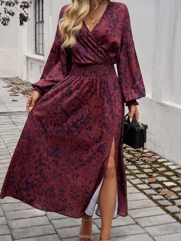 Split Printed Surplice Long Sleeve Midi Dress