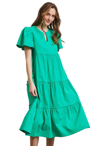 HEYSON Full Size Cotton Poplin Ruffled Tiered Midi Dress