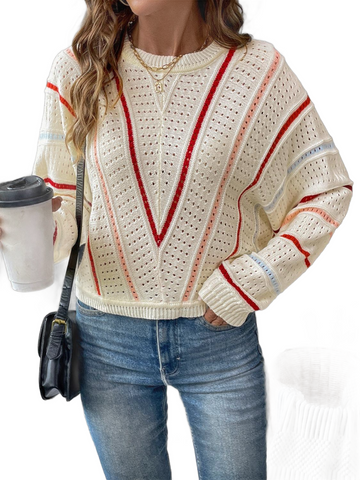 Eyelet Round Neck Long Sleeve Sweater