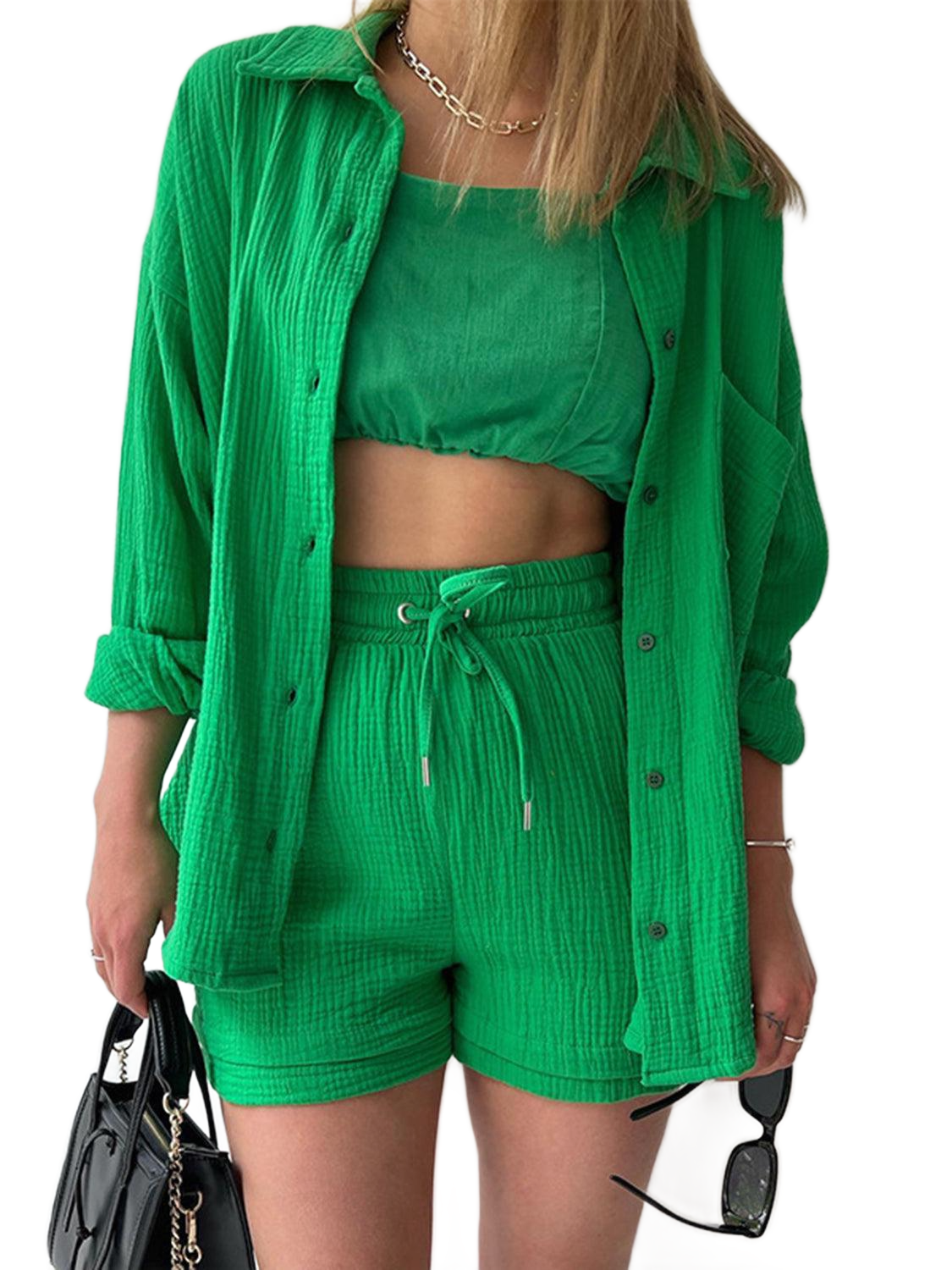 Texture Button Up Shirt and Drawstring Shorts Set