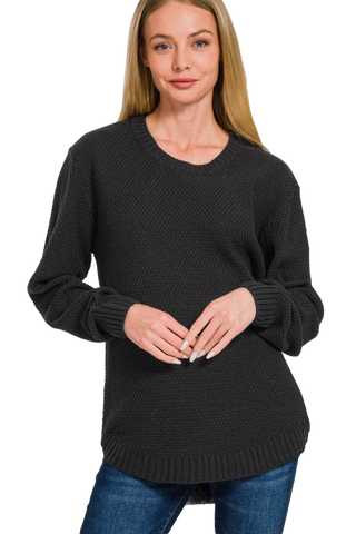 Ful Size Round Neck Long Sleeve Curved Hem Sweater