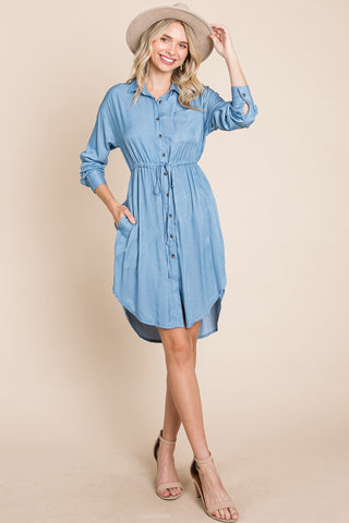 Button Up Drawstring Shirt Dress