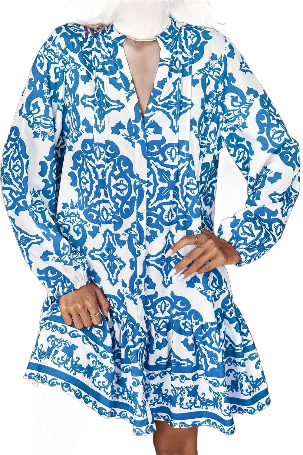 Ruffled Printed Notched Long Sleeve Dress