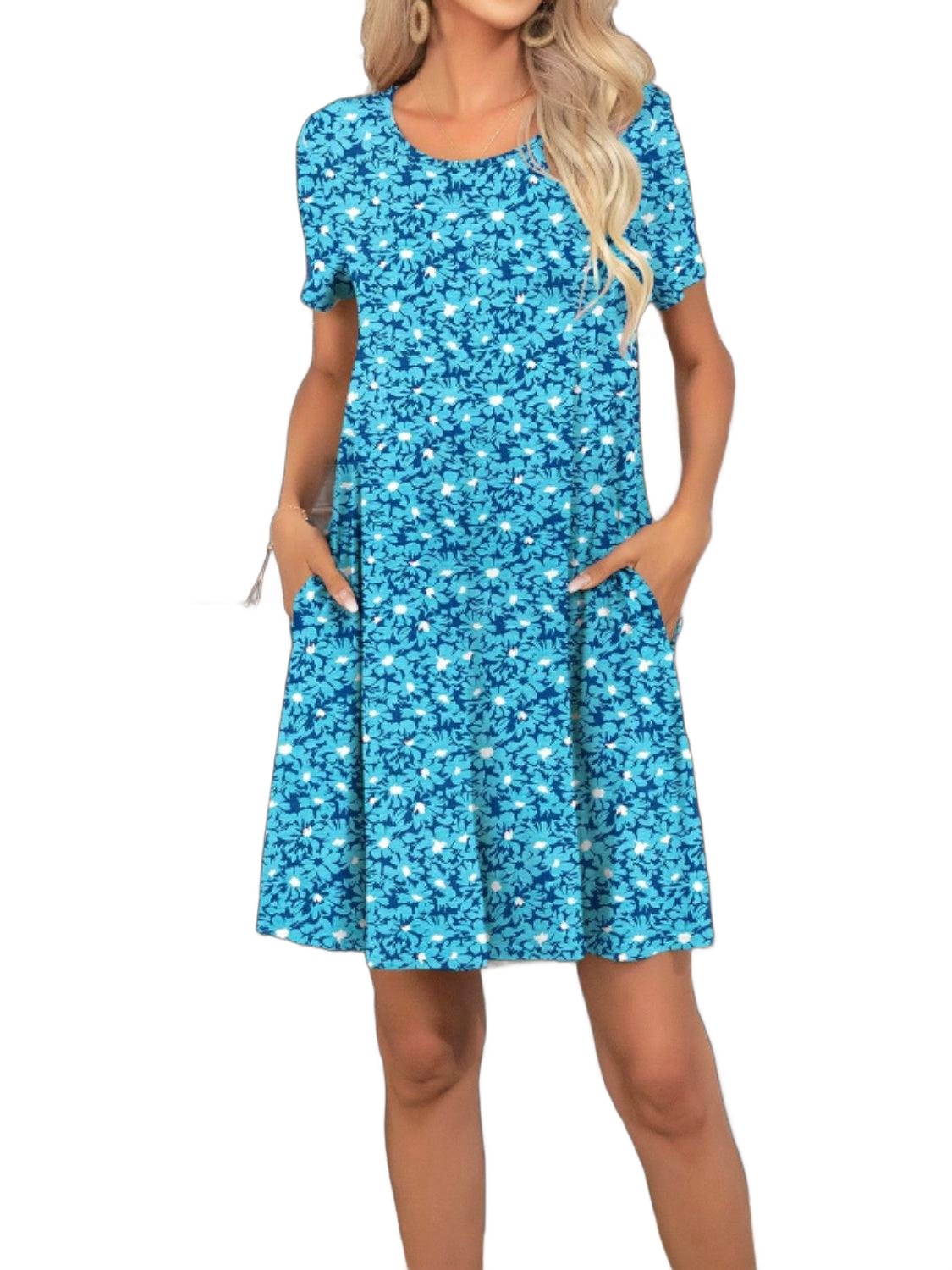 Pocketed Printed Round Neck Short Sleeve Mini Dress