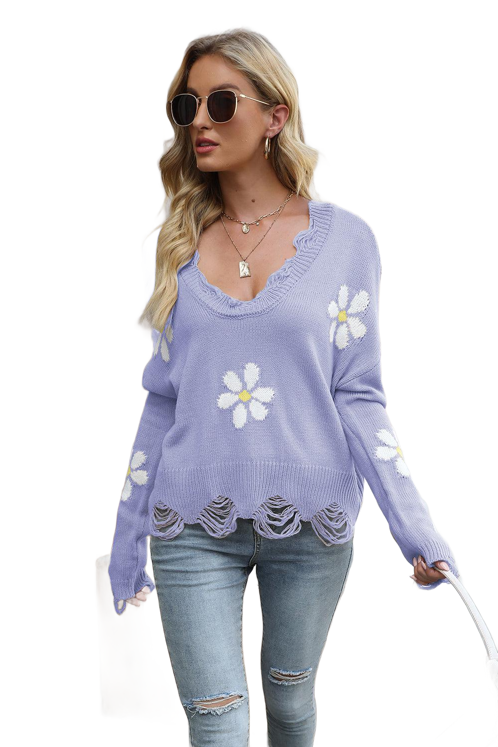 Flower Distressed Long Sleeve Sweater