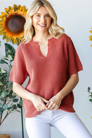 Notched Short Sleeve Knit Top