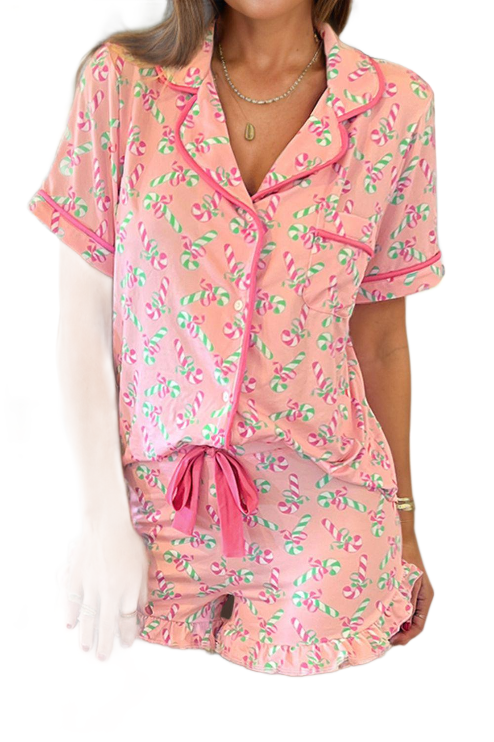 Candy Cane Collared Neck Top and Shorts Lounge Set