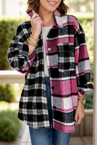 Pocketed Plaid Collared Neck Long Sleeve Shacked