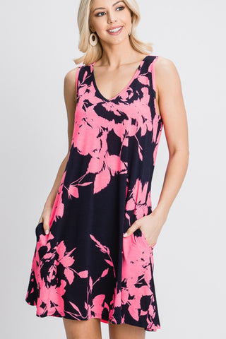 Full Size Floral V-Neck Tank Dress with Pockets