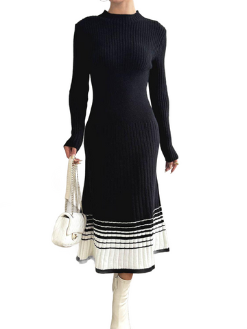 Contrast Mock Neck Long Sleeve Sweater Dress