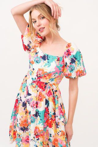 Square Neck Puff Sleeve Floral Dress