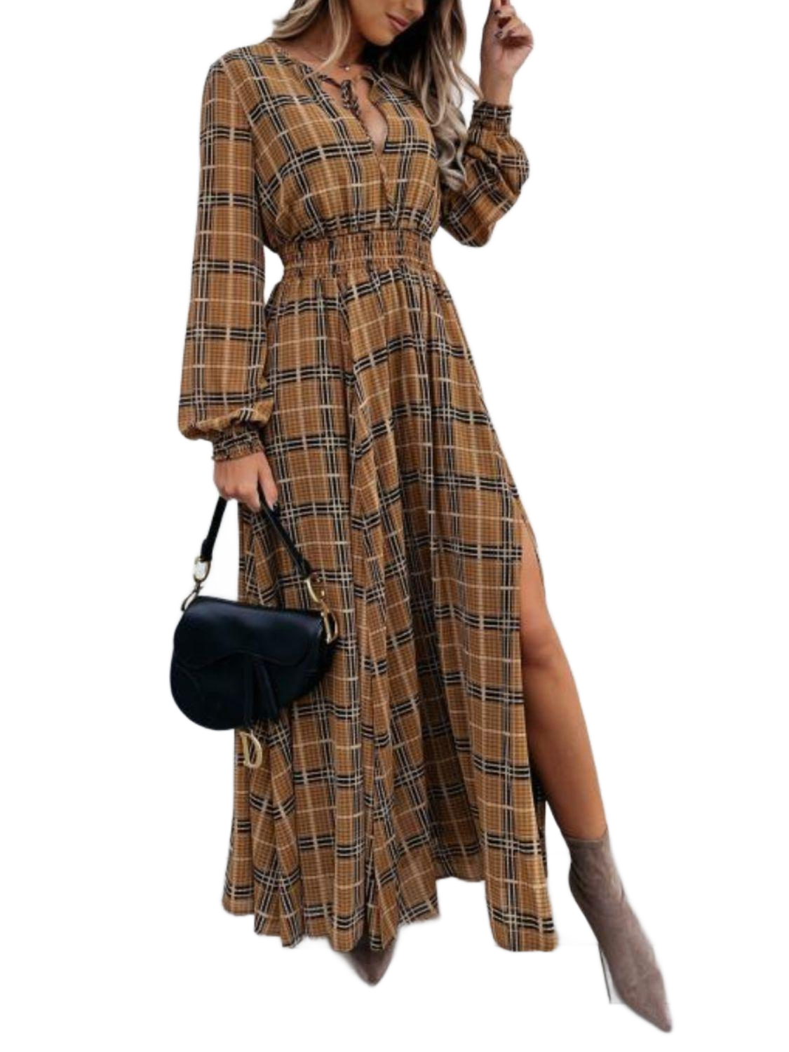 Slit Plaid Tie Neck Long Sleeve Maxi Dress