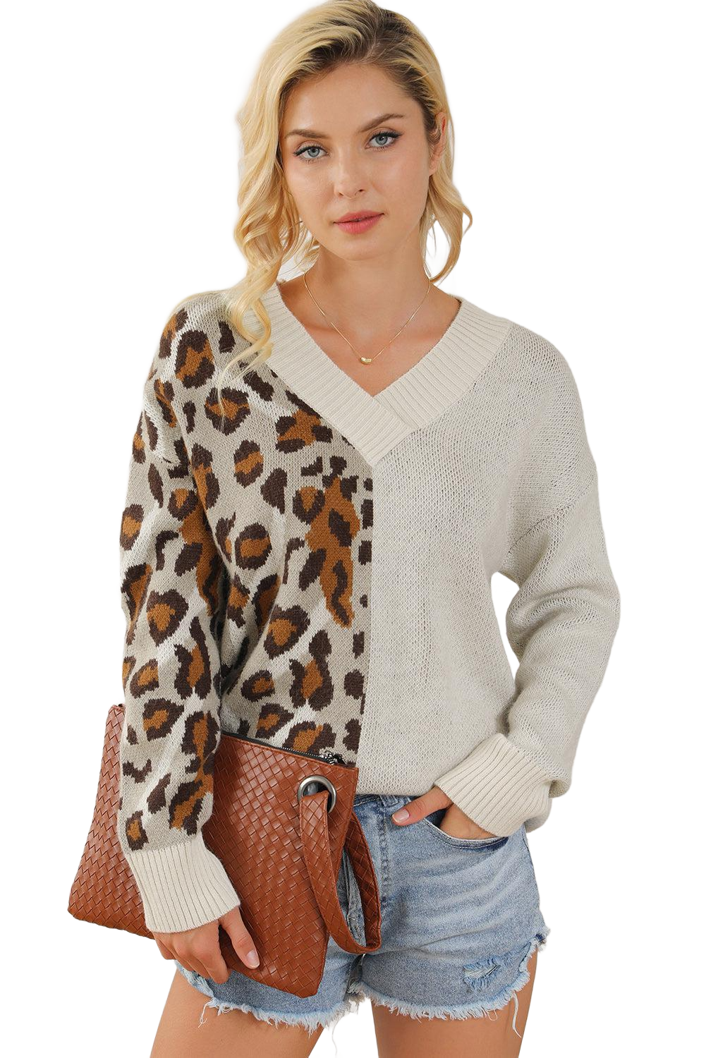 Leopard V-Neck Dropped Shoulder Sweater