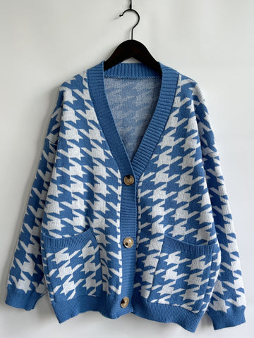 Hounds tooth Bottom Front  Cardigan with Pockets