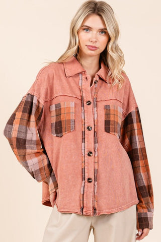 Button Down Contrast Plaid Patchwork Shacked