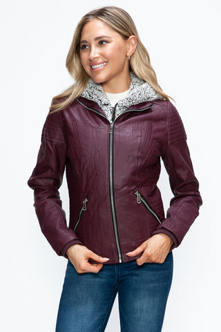 PMI Faux Layered Double-Zipper Jacket with Fuzzy Hood